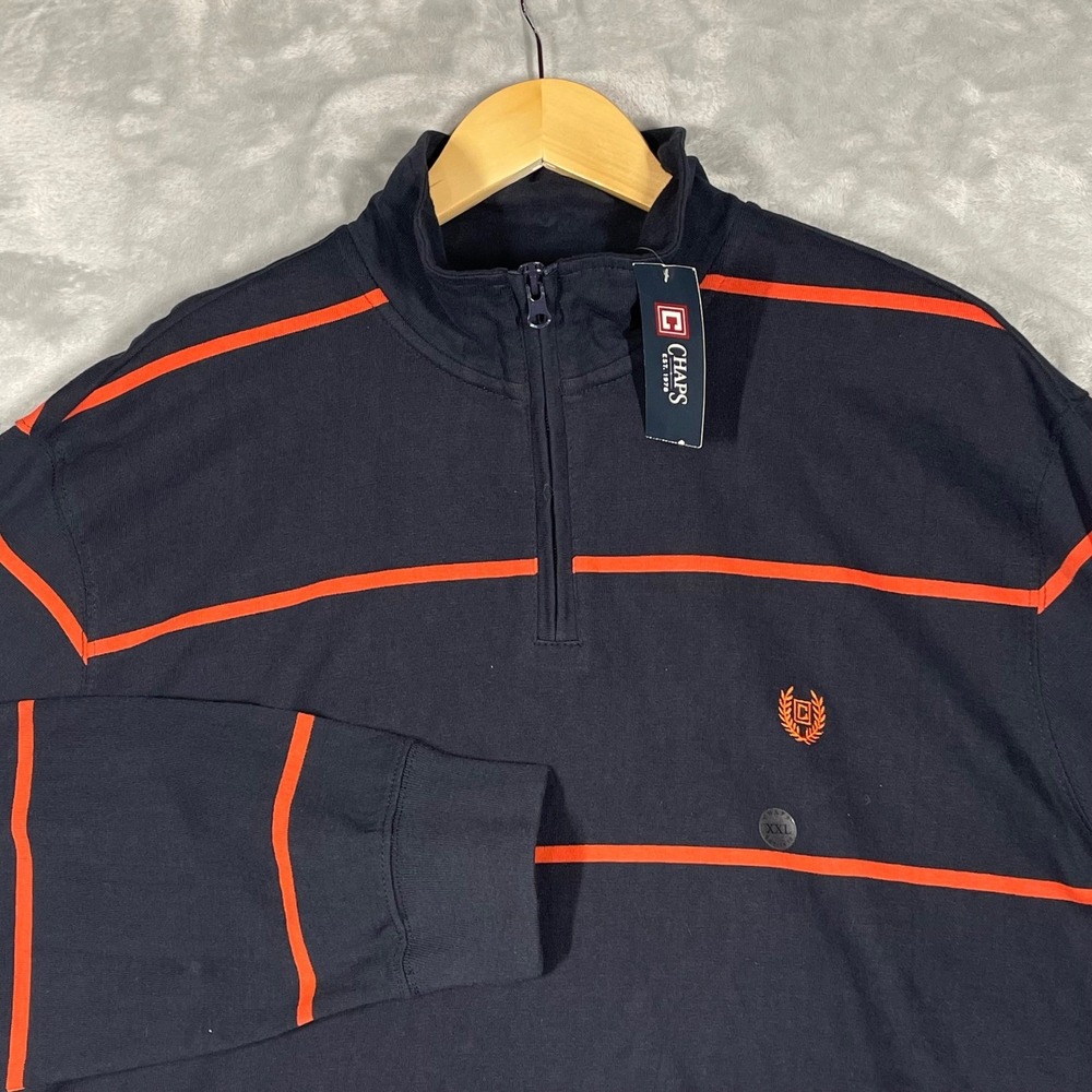 Chaps Mens XXL Quarter Zip Pullover Navy Blue Orange Striped Cotton 13202R NEW